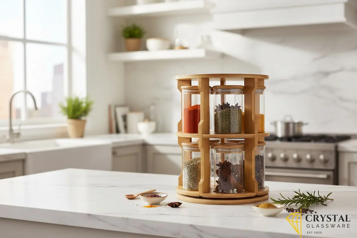 Spice storage 360° rotating bamboo rack and 10 borosilicate glass jars